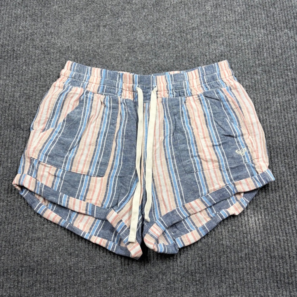 Vintage Roxy Shorts Women's L Blue Pink Striped Linen Blend Drawstring Micro Y2K